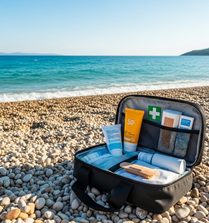 lekárnička na morskom pobreží na kamienkovej pláži, v pozadí more