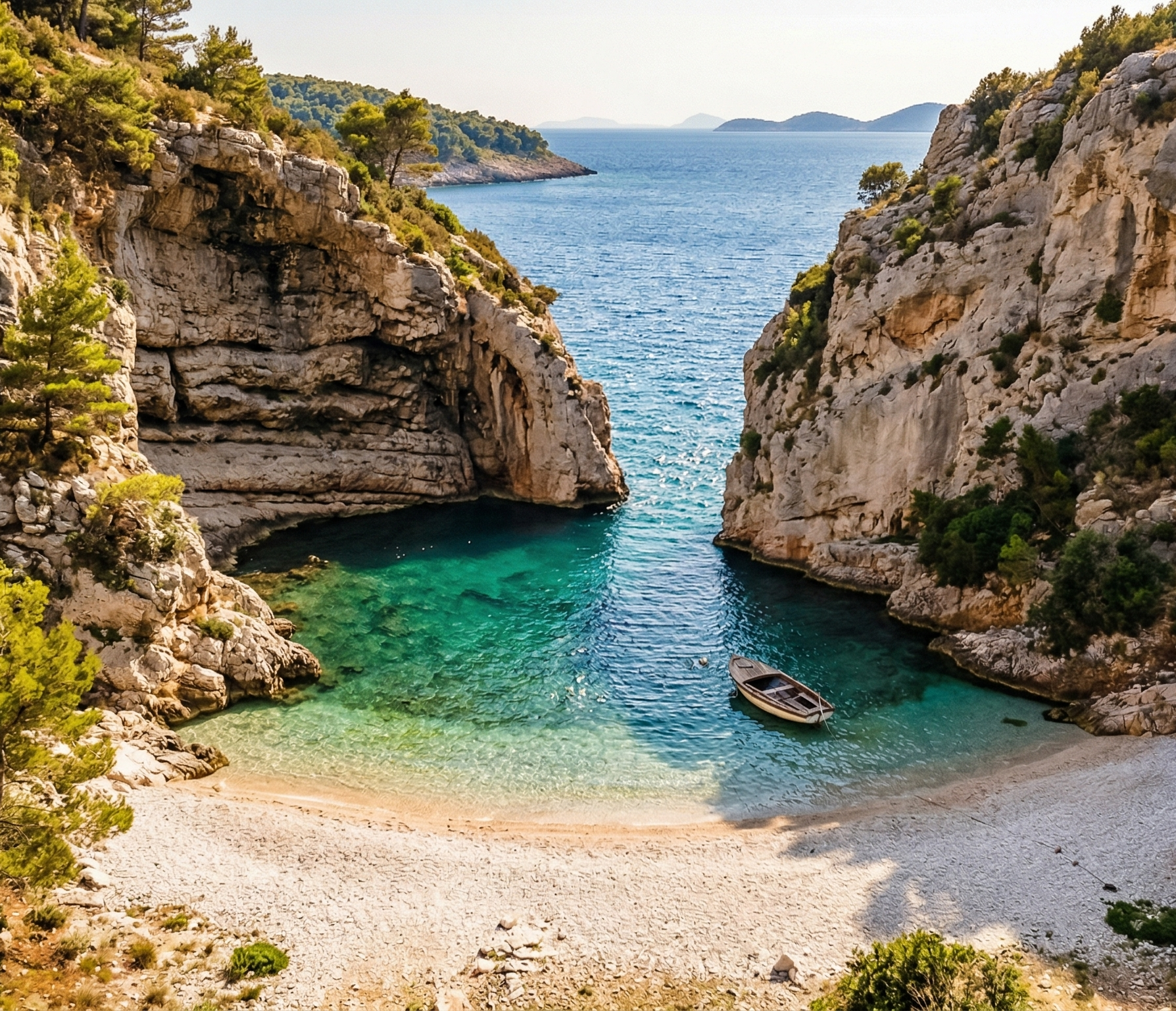 Krásna, malá a opustená chorvátska pláž, skrytá medzi útesmi s tyrkysovou vodou.
